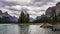 4K Time lapse film video movie Timelapse Clouds Moving Over Spirit Island in Maligne Lake in Jasper Nationalpark Alberta