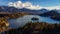4K Timelapse Aerial view of Lake Bled and Julian Alps at sunrise, Slovenia