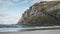 4k Timelapse movie film clip of Bunes sand beach with view to Bunes Fjorden at Lofoten Islands in Norway on a blue sky