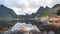 4k Timelapse movie film clip of Bunes sand beach with view to traditional fisher hut at Bunes Fjorden at Lofoten Islands