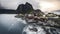 4k Timelapse movie film clip of sunset Moving clouds timelapse over traditional Norwegian fisherman`s cabins, rorbuer