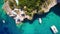 4K UHD Aerial view of Agios Nikolaos blue caves in Zakynthos Zante island, in Greece