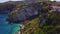 4K UHD aerial view of Agios Nikolaos blue caves in Zakynthos Zante island, in Greece