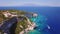 4K UHD aerial view of Agios Nikolaos blue caves in Zakynthos Zante island, in Greece