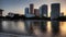 4K UltraHD Motion controlled twilight pan of Los Angeles skyline with reflecting pool in the foreground