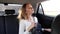 4k video of beautiful sexy woman sitting in taxi car with male driver