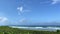 4k video. Calm soft sea waves, on the shore with green vegetation swaying from the wind, view of an empty long beach