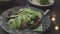4k video slow motion, Eating spicy liver salad with fresh chili herbs, spices, Thai food