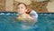 4k video of smiling 3 years old little boy with inflatable colorful ring swimming in the indoor pool