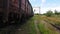 4K walking along a rut overgrown with grass at the old train station near the freight train chassis