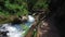 4K. Walking around Vintgar Gorge. Wild Radovna river flows near the wooden bridge. Clean blue water and green forest. Triglav NP.