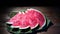 4k. Watermelon flesh close-up. the rotation of the watermelon on wood background
