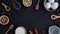 4k zoom in out Baking cooking Ingredients on black background. Top view. Frame. Home baking: cookies, bread, cake.