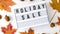4k zoom in out Lightbox with text HOLIDAY SALE around autumn fall leaves, Sale shopping concept. Template Black friday