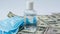 4k zoom in out Stack of cash dollars and medical mask sanitizer antiseptic. The concept of medical expensive medicine