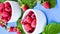 4k zoom in out vertical Ripe red raspberries in white bowl with green leaves on background. Summer harvest fruits