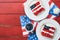 4th of July American Independence Day food. American flag sandwich with strawberries, blueberries, whipped cream