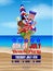 4th of july beach party poster. american independence background with inflatables and tropical plants in a ice cream cone