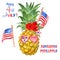 4th of July card with patriotic watercolor pineapple and US flags, isolated
