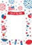 4th of July festival barbecue border frame with flags, grills, fireworks, balloons, food, drinks