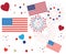 4th of July Happy Independence Day symbols icons set Patriotic American flag, stars fireworks confetti balloons ribbon pattern