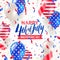 4th of July, Independence day - greeting card design. USA patriotic colors balloons and confetti.