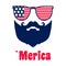 4th of July, Man with moustache, beard. Face of bearded man in glasses with American Flag for Independence Day