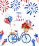 4th of july patriotic bicycle. Watercolor blue bike with US flags, red, white and blue balloons and poppy, isolated. Holiday card