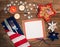 4th of July Table Setting with Flag Napkin, silverware, decorations and a blank white card with space for copy, text or your words