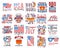 4th of July typography designs set with quotes and elements - hot dog, flags. US Independence Day cliparts. Fourth of