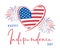 4th of July, United Stated Independence day text Banner with USA Flag in heart shape and fireworks. American national holiday.