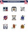 4th July USA Happy Independence Day Icon Symbols Group of 9 Modern Flat Filled Lines of text; shield; food; protection; party
