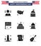 4th July USA Happy Independence Day Icon Symbols Group of 9 Modern Solid Glyphs of building; usa; flag; flag; day