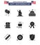 4th July USA Happy Independence Day Icon Symbols Group of 9 Modern Solid Glyphs of hat; entertainment; usa; circus; landmark