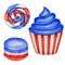 4th of july Watercolor patriotic cupcake macaron in colors of the USA flag. For sweet cake american design compositions