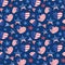 4th of July watercolor seamless pattern. Hand drawn ribbon bows, stars and hearts with American flag on dark blue