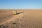 4x4 offroad vehicle driving in empty flat and rocky Namib Desert of Angola.