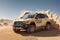 4x4 vehicle rides through the desert dunes in the evening sun, rally offroad car, generative ai