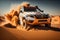 4x4 vehicle rides through the desert dunes in the evening sun, rally offroad car, generative ai image