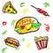 5 cute doodle Junk Food, Burger, Hotdog, Sausage, French, Fries, and Pizza with scribble yellow, red, green, orange fill color