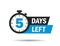 5 days left. Count timer icon. Vector emblem of 5 days left in flat style. Hour down icon with ribbon. Countdown label for sale,