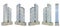 5 different angles views renders of fictional design corporate tall buildings with two towers with sky reflections - isolated on