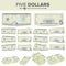 5 Dollars Banknote Vector. Cartoon US Currency. Two Sides Of Five American Money Bill Isolated Illustration. Cash Symbol