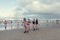 5 Jan 2019, Stegna, Poland. People swimming in the sea during the winter. Five ladies posing with sparklers