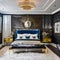 5 A luxurious, Hollywood Regency-inspired bedroom with a mix of metallic and velvet finishes, a large, tufted headboard, and a m