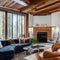 5 A mid-century modern-inspired living room with a mix of wood and leather finishes, a classic fireplace mantle, and a mix of pa