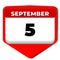 5 September vector icon calendar day. 5 date of September. Fifth day of September. 5th date number. 5 day calendar. Five