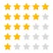 5 star of rating. Customer review. Icon of evaluate and vote. Feedback with customers. Five yellow gold stars for ranking in row.