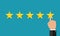 5 stars of customer and management. Result of performance. Star rate. Finger of customer in 5-th star rate. Feedback of quality.