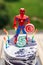 5 year baby birthday cake with spiderman on top ans batman mask on table outdoor